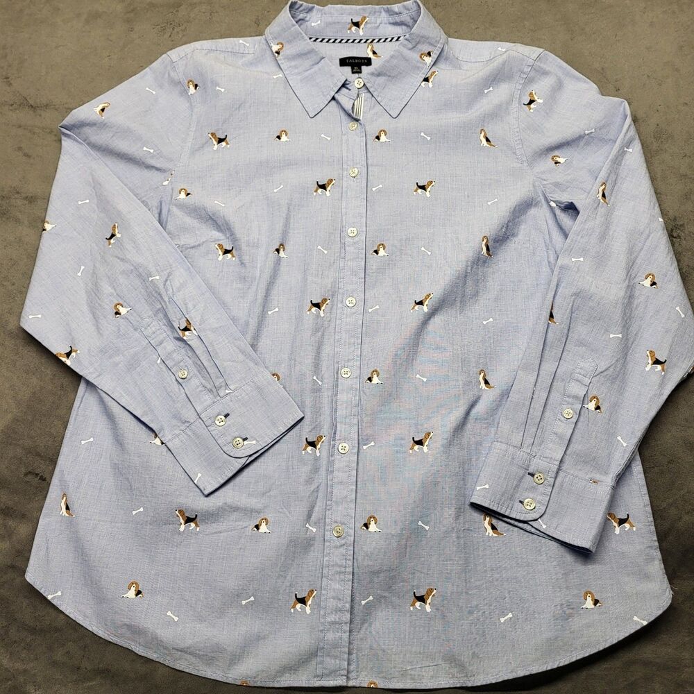 Talbots Fetching Beagle Dog Print Button Up Shirt XL Blue Preppy Novelty Coastal